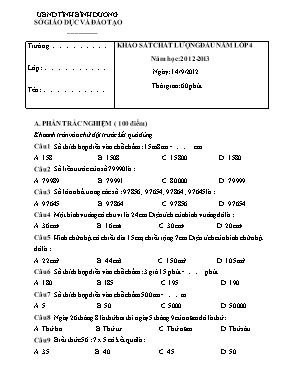 Đề khảo sát chất lượng đầu năm môn Toán Khối 4 - Năm học 2012-2013 - Sở GD & ĐT Bình Dương (Có đáp án)